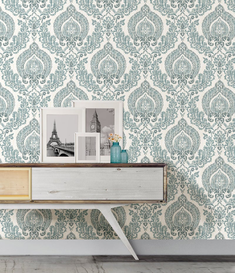 NuWallpaper NU1702 Kensington Damask Peel & Stick Wallpaper, Blue - Image 5
